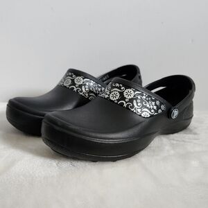 Crocs Mercy Black Silver Floral Flower Work Nursing Clog Shoes Size 9
